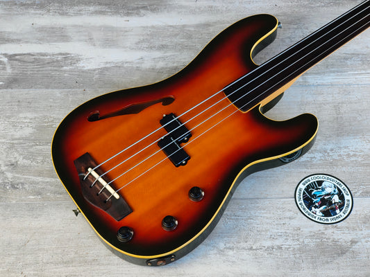 1991 Fender Japan PBAC-100FL Fretless Thinline Electric/Acoustic Precision Bass (Sunburst)