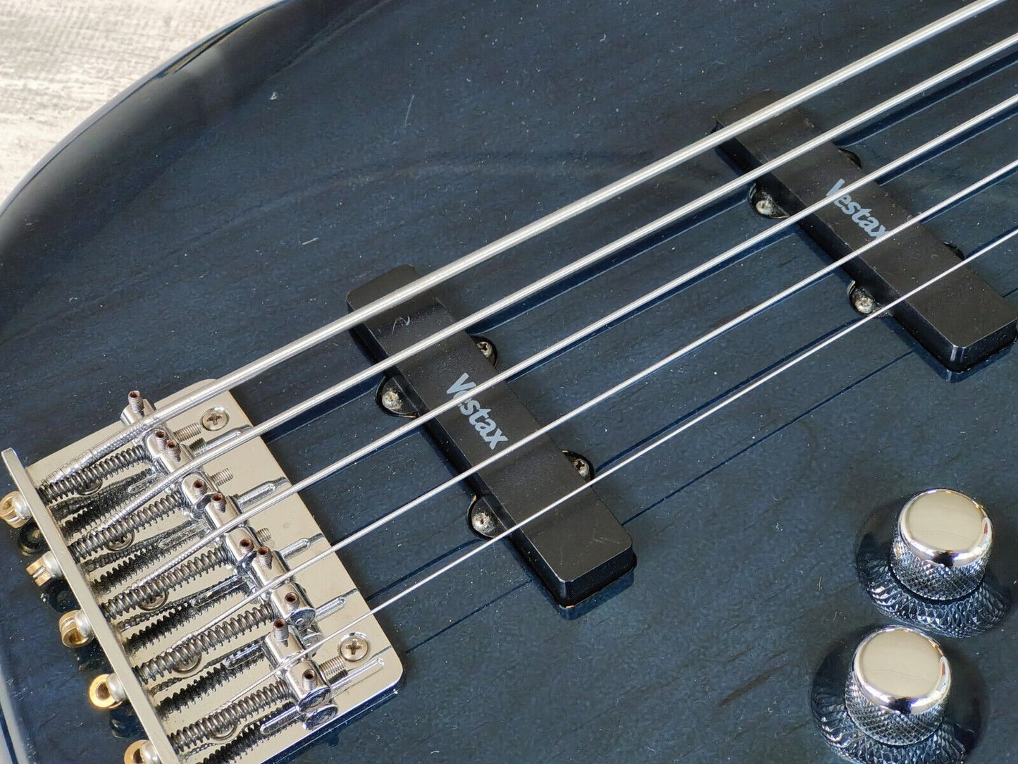1990's Vestax Japan Fretless 5-String Active Jazz Bass (Transparent Blue)